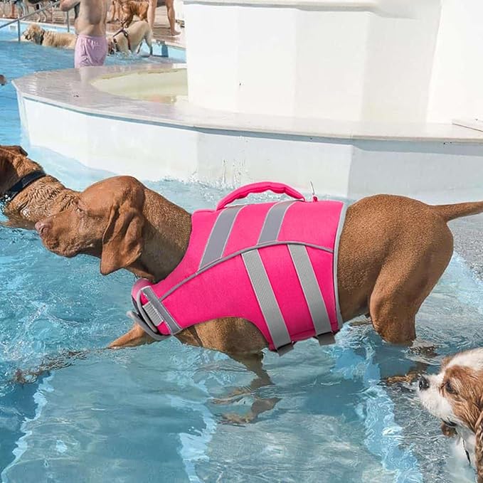 Kuoser Dog Life Jacket for Medium Dogs, Reflective Swimming Vest with High Flotation for Beach Boating, Pink L