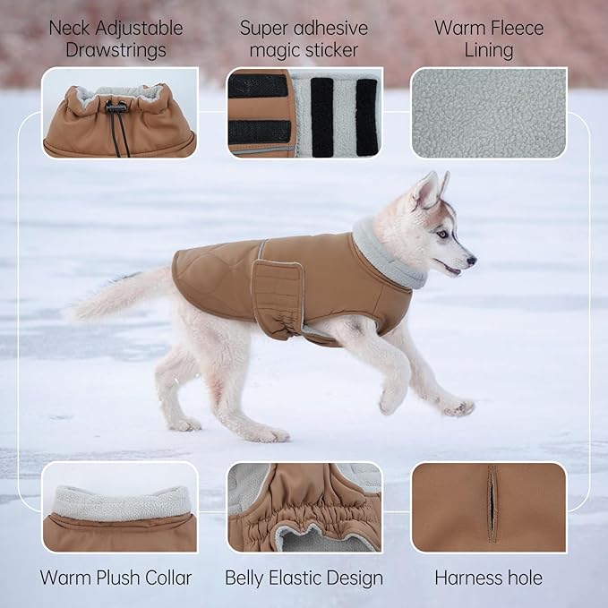 BRKURLEG Dog Winter Coat, Warm Dog Jackets for Small and Medium Large Dogs, Reflective Adjustable Pet Cold Weather Coats, Waterproof Windproof Dogs Snow Jacket Clothes Warm Vest (S, Khaki)