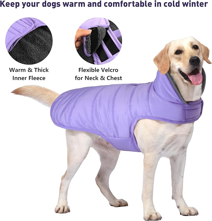 Dog Winter Coat, Waterproof Dog Jacket with Leash Hole, Reflective Adjustable Pet Snow Vest, Warm Fleece Sweater for Small Medium Large Dogs - Light Purple, L