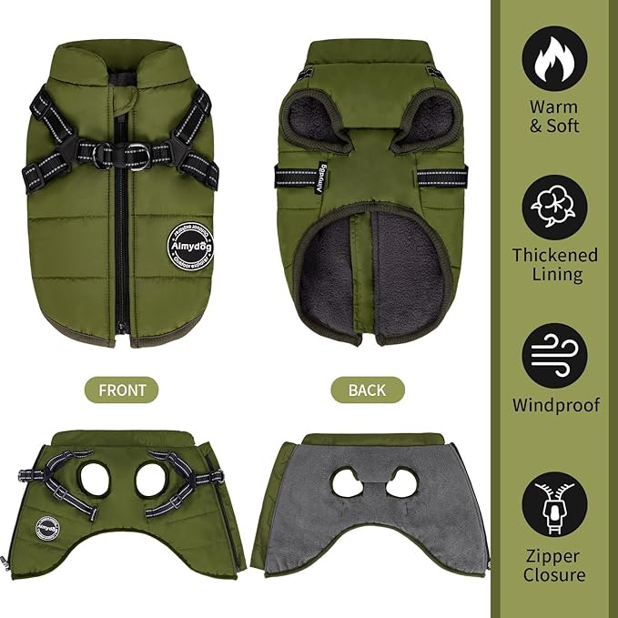 Warm Dog Winter Coat, Fashion Sports Cold Weather Jacket with Built-in Harness, Reflective & Adjustable Comfortable Pet Vest, Waterproof Windproof Apparel for Small Medium Large Dogs (Green)
