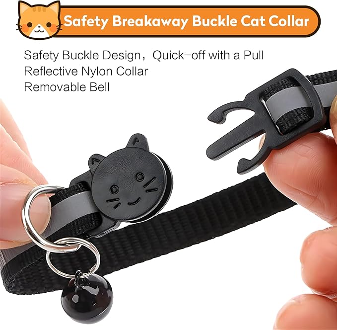 2 Pack Airtag Cat Collar with Bell, Reflective Nylon Kitten Collar with Apple Air Tag Holder and Breakaway Safety Buckle for Puppy Girl Boy Cats, 3/8" in Width and Lightweight, Black/Orange