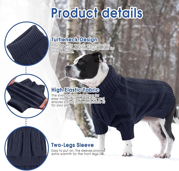 Queenmore Dog Sweater, Large Dogs Sweater Xmas,Turtleneck Pullover Dogs Sweaters for Dog Girls Boys,Sweaters Doggy Large,Thanksgiving Knitted DogSweater for French Bulldog(Dark Navy,L)