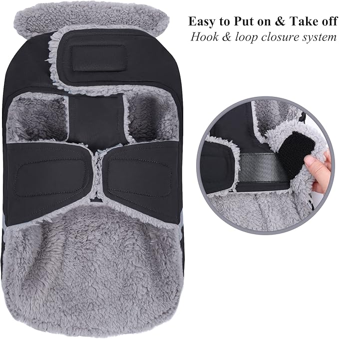 VIVAGLORY Frostfit Dog Coat, Dog Jacket for Winter & Cold Weather, Warm Fluffy Fleece Lined Water Resistant Reflective for Puppy, Coat with Velcro Fastening & Leash Hole, XS, Black