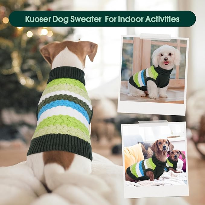 Kuoser Dog Sweater, Warm Dog Sweaters for Small Dogs Pet Christmas Clothing, Classic Cable Knitwear Cold Weather Thermal Pullover for Pug Dachshund Yorkie, Soft Puppy Turtleneck Sweatshirt, Green S