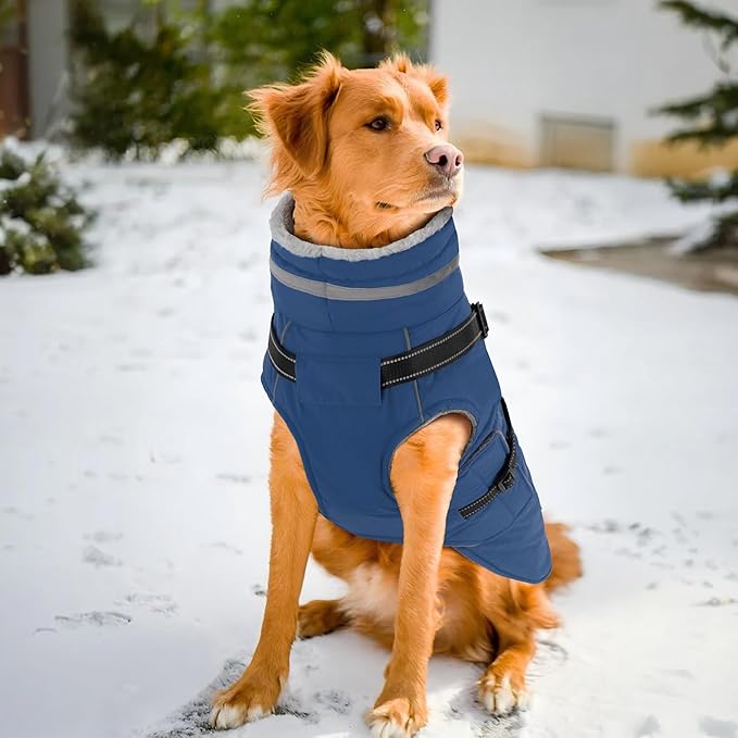 PETDSH Dog Coat Large, Built-in Harness Dog Jacket with Warm Fleece Lining, Waterproof Reflective Dogs Winter Coat, Pet Coats with Pocket and Trash Bags (Navy Blue, XXX-Large)
