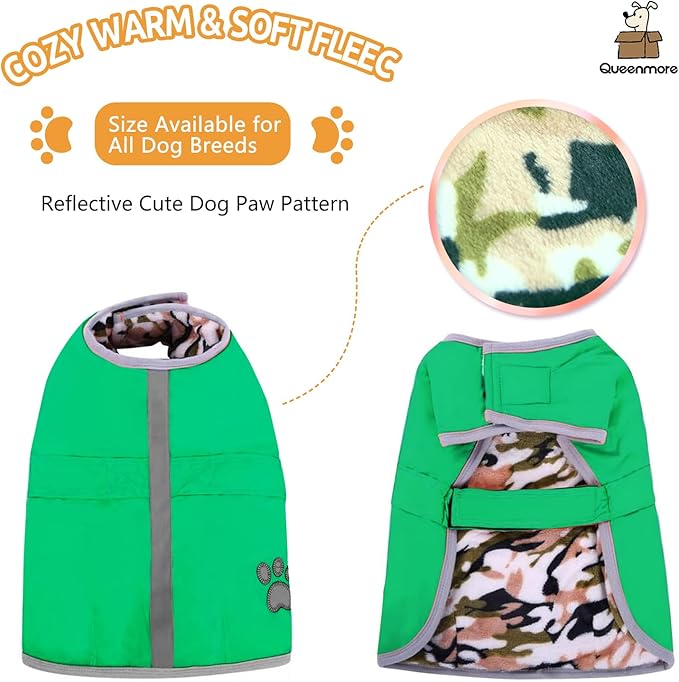 Queenmore Dog Winter Coat, Cold Weather Fleece Jacket for Dogs, Waterproof Reflective Reversible, for Small, Medium and Large Dogs (Green, XS)