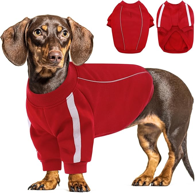 Queenmore XS Christmas Dog Sweater, Cozy Fleece Dog Sweatshirt, Warm Winter Fleece Jacket for Small, Medium & Large Dogs with Leash Hole/Reflective Stripes Red