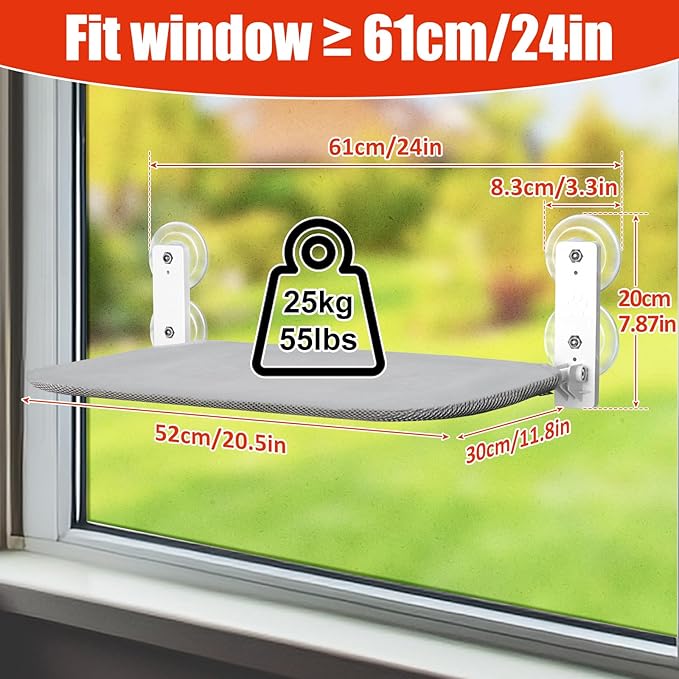 Sunhoo Cat Window Hammock Perch Cordless Perches Window Sill Seat Bed Foldable Stable Lounger Upgraded Suction Cup Easy Assembly Indoor Cats Kitty Shelf Hold Up to 55lbs (Grey, M)