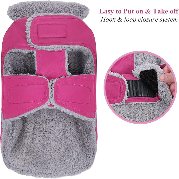 VIVAGLORY Frostfit Dog Coat, Dog Jacket for Winter & Cold Weather, Warm Fluffy Fleece Lined Water Resistant Reflective for Puppy, Coat with Velcro Fastening & Leash Hole, M, Fuchsia