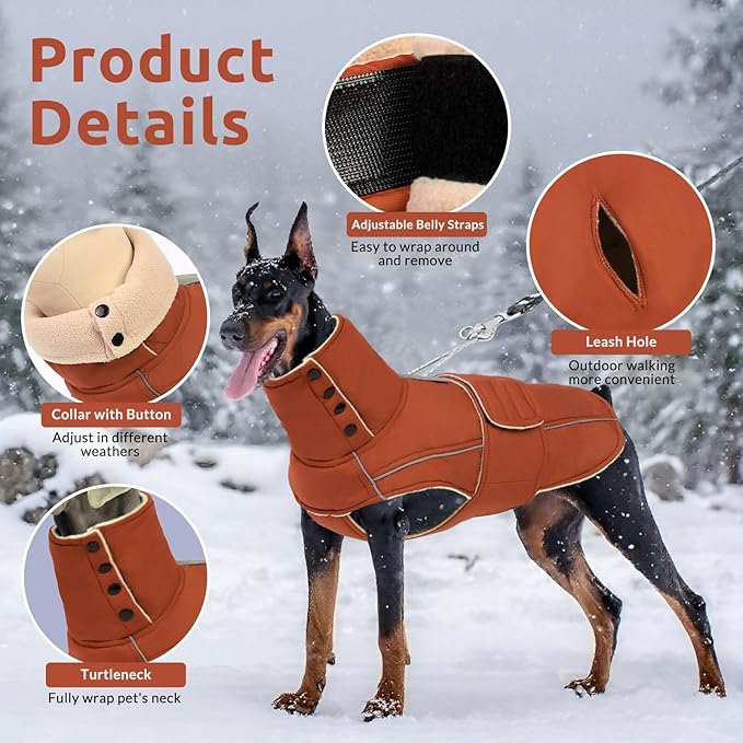 ASENKU Warm Dog Coat, Waterproof Dog Jackets for Large Dogs with Reflective Fleece Vest Turtleneck with Button,Windproof Cold Weather Coats for Small Medium Large Dogs, Red Brown, 4XL
