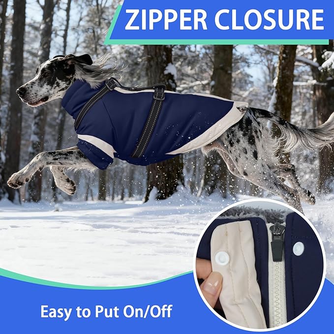MIGOHI Dog Coat with Harness Built in, 2-in-1 Windproof Dog Jacket, Thermal Fleece Lined Coat with Reflective Strips for Medium Dogs, Zip Up Closure, French Bulldog, Navy Blue, M