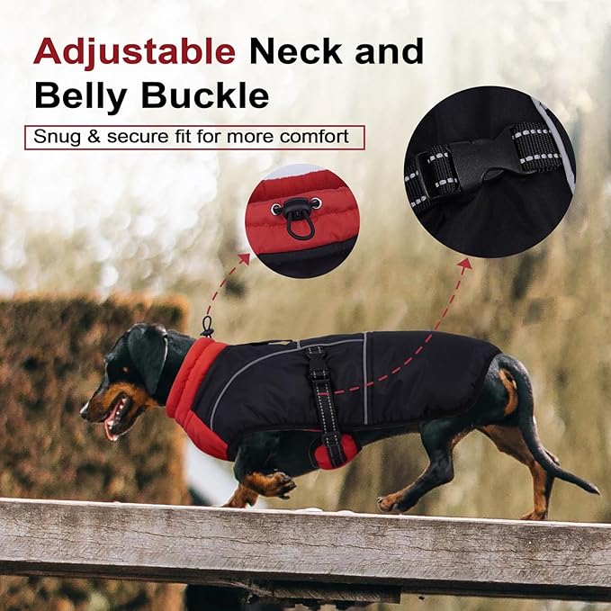 Lelepet Dachshund Coat Warm Dog Winter Coat Waterproof Dog Jacket with Fleece Lining, Reflective Outdoor Dachshund Snowsuit with Leash Hole Adjustable Neckline,Coats for Small Medium Dogs,Red, L