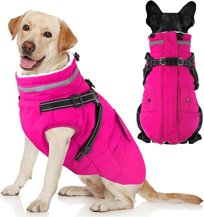 Dogcheer Dog Coat with Harness, Waterproof Warm Dog Winter Jacket with Pockets, Reflective Pet Fleece Jacket Turtleneck Snowsuit for Small Medium Large Dogs - Pink, 3XL