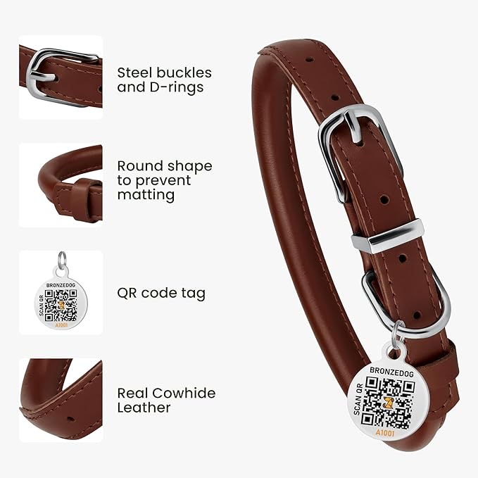 BRONZEDOG Rolled Leather Dog Collar for Small Medium Large Dogs with QR ID Tag (M: 14-16 Inch, Chocolate Brown)