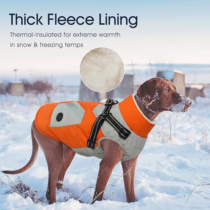 IECOii Dog Coat with Harness Built in - Orange, Large - Waterproof Winter Coat, Fleece Lined Snow Jacket for Dogs