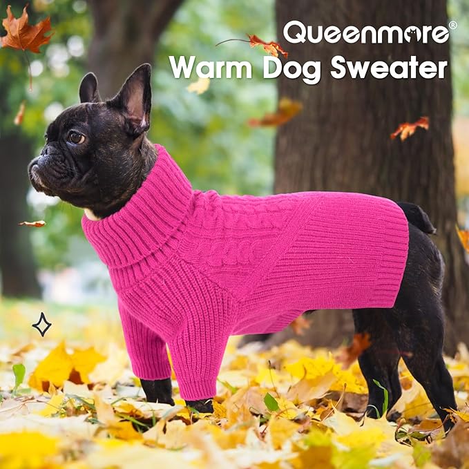 Queenmore Dog Sweater Small, Dog Sweaters for Small Dogs Girl or Boy, Small Dog Christmas Sweater, Winter Puppy Doggie Sweatshirt Knitwear, Pet Chunky Warm Coat for Medium Large Size Dogs, Fuchsia S