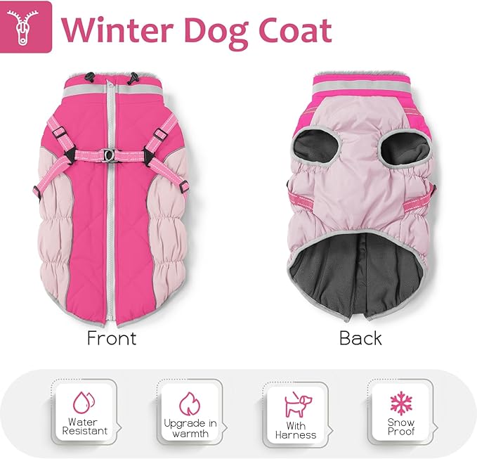 Dog Winter Coat with Harness, Dog Jacket, Pet Clothes with Zipper on Back, Waterproof Windproof Warm Vest, Reflective Cold Weather Coats, for Small Medium Large Dogs, Thick, Pink, 2XL