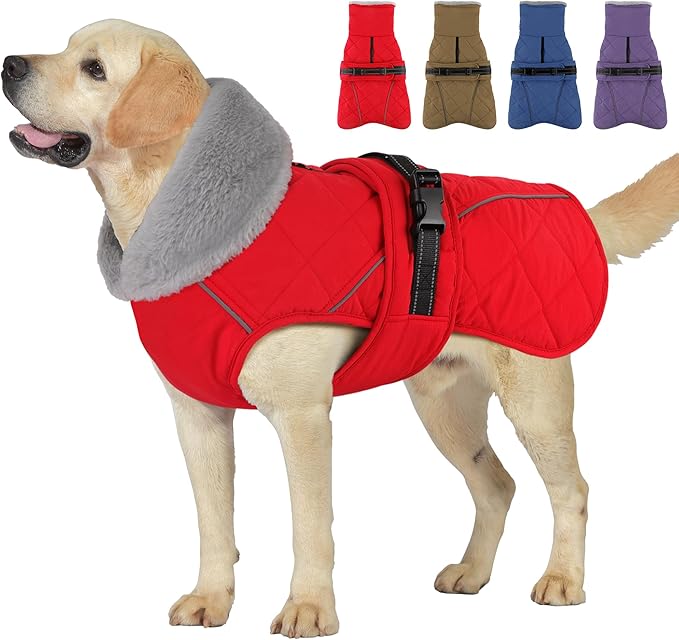 Dog Coat, Waterproof Dog Winter Jacket with Adjustable Buckle, Reflective Turtleneck Pet Snow Vest Warm Fleece Sweater for Small Medium Large Dogs - Red, L