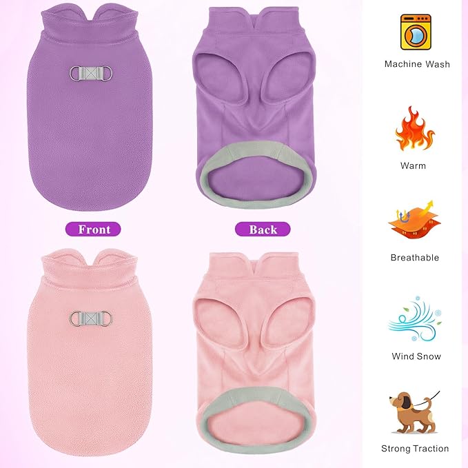 Idepet 2 Pack Dog Fleece Vest Sweater Warm Pullover Jacket with D-Ring Leash Reflective Winter Coat Hoodie for Puppy Cat French Bulldog Pug Chihuahuas Yorkies Dachshunds(Purple&Pink,X-Small)