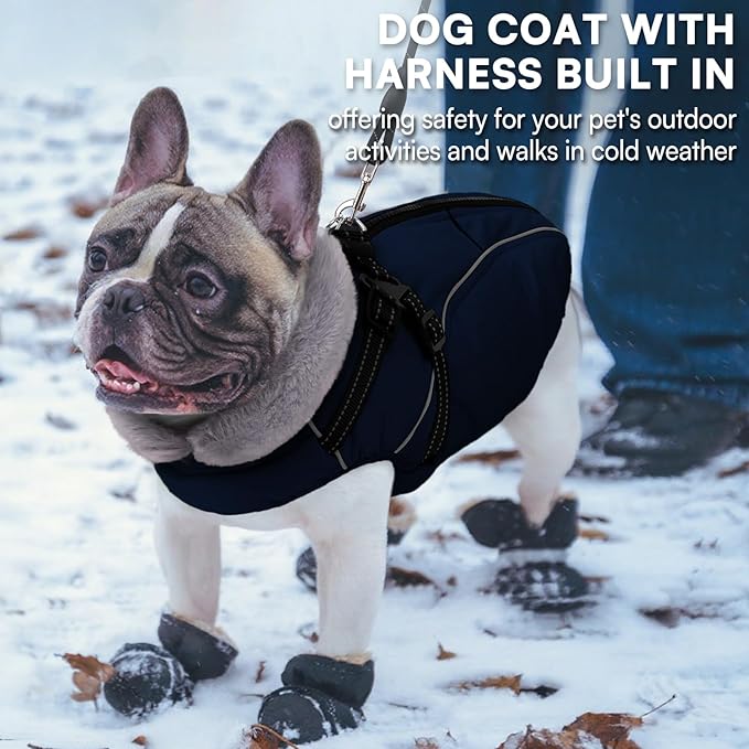 Queenmore Dog Jackets for Large Dogs, Dog Coat with Harness Built in,Waterproof Dogs Coats with Zipper On Back,Warm Fleece Lining Cold Weather Pet Coats with Furry Collar for Labrador,NavyBlue,L