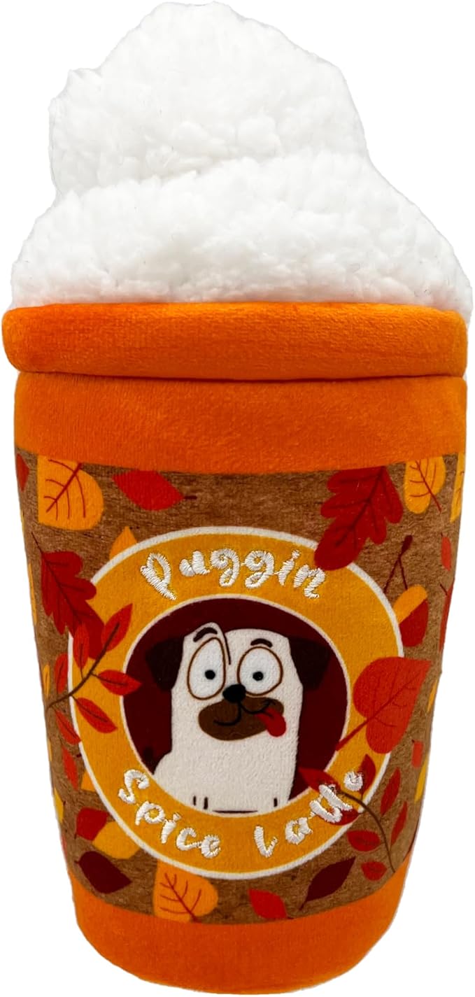 Huxley & Kent Funny Dog Toy w/Squeaker – Fall Power Plush Squeaky Dog Toys for Small, Medium & Large Dogs – Soft Stuffed Animal for Indoor Play & Fetch - Puggin Spice Latte, Large