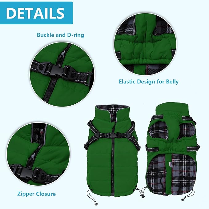 Geyecete Winter Warm Coat Waterproof Dog Jacket with Harness Traction Belt, Pet Outdoor Jacket - Green, XXL