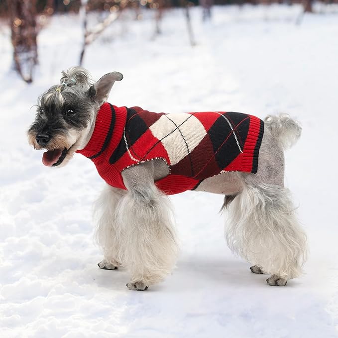 KOOLTAIL Dog Sweater Pet Knitted Clothes-Classic Plaid Pullover Turtleneck Red Fleece Dog Christmas Sweaters with Leash Hole, Thick Warm Dog Winter Clothes for Small Medium Large Dogs Cats Puppy, S
