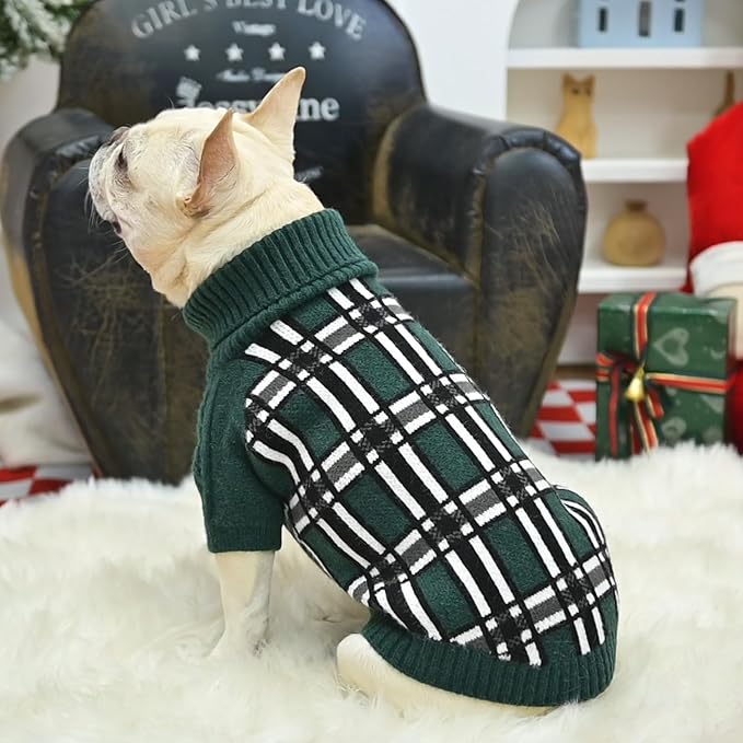 SCENEREAL Turtleneck Dog Sweater for Small Medium Large Dogs Girls Boys, Christmas Plaid Pullover Puppy Sweatershirt, Dogs Cold Weather Outfit Clothes, Ideal Gift for Pet in New Year, Green Plaid S