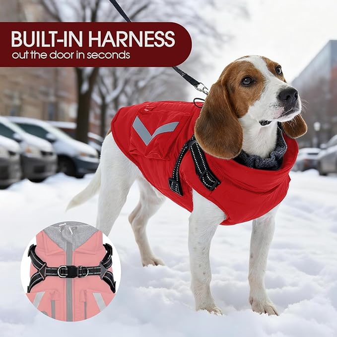FUAMEY Dog Winter Coat with Harness, Insulated Jacket for Dogs Cold Weather Clothes, Back Zipper Doggie Cover for Snow Day, Pet Outfits with Pop Bag Pockets for Large Dogs, Boston Terrier (Red, L)