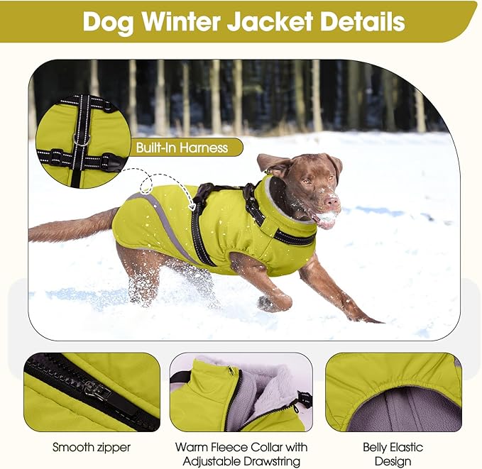 BRKURLEG Dog Winter Jackets for Large Dogs, Dog Coat with Harness Built in, Dogs Snowsuits with Zipper, Waterproof Windproof Pet Puffer Jacket Fleece Vest for Labrador, Dalmatian, Green XXL