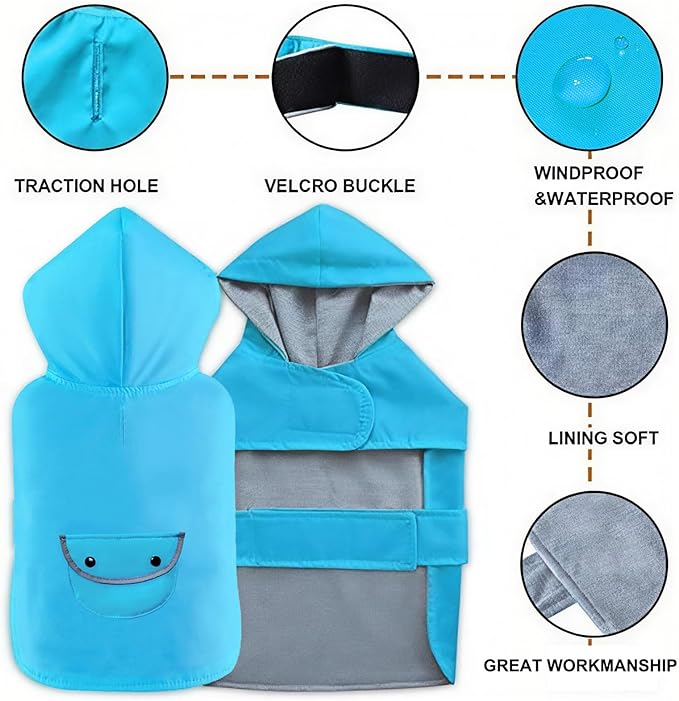 Dog Raincoat Dogs Rain Jacket Reflective Poncho Rainwear Waterproof Pet Clothes Warm Lined Pocket Hooded Leash Hole Adjustable Small Medium Dogs,Blue,L,Back Length 12.0 Inch