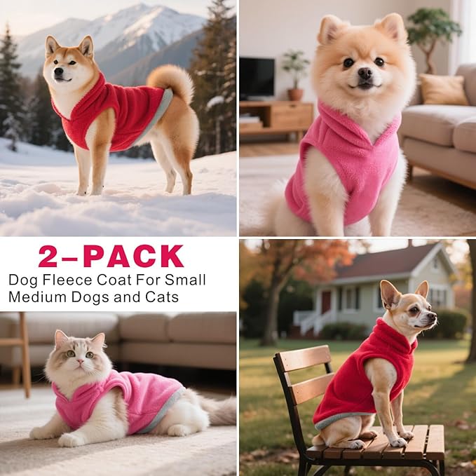 Idepet 2 Pack Dog Fleece Vest Sweater Warm Pullover Jacket with D-Ring Leash Reflective Winter Coat Hoodie for French Bulldog Pug Chihuahuas Yorkies Dachshunds(Red&Rose Red,X-Large-French Bulldog)
