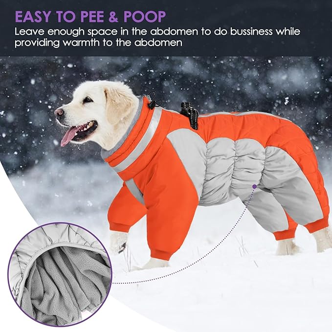 SUNFURA Full Body Dog Coat - Warm Fleece Jacket for Extra Large Dogs, Turtleneck Winter Coats with Harness, Reflective Dog Snowsuit Windproof Puffer Jackets with Legs for Great Dane, Orange 3XL