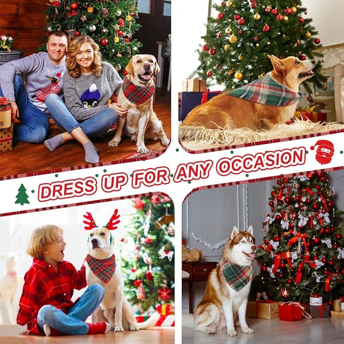 Vivifying Dog Christmas Bandana with Tassels Edges, 2 Pack Classic Plaid Triangle Pet Apparel & Accessories, Funny Holiday Dog Scarf Costume for Photo Prop, and Party Decor (X-Large, Red&Green)