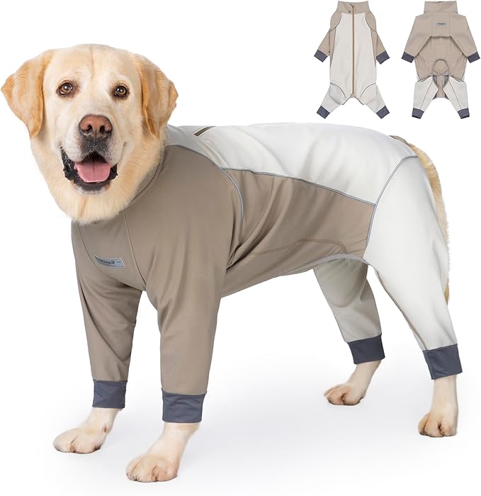 Dog Full Body Winter Coat, Waterproof Fleece Jacket for Small Medium Large Dogs Reflective Snowsuit with Zipper for Outdoor Skating (Beige, 6XL(Weight 85-100 lbs))