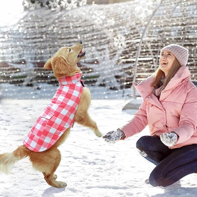 Malier Classic Plaid Fleece Dog Coat - Warm Winter Jacket with Pocket, Windproof - Pink, Small