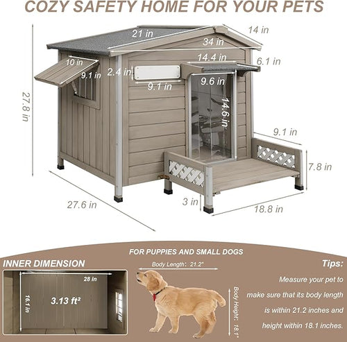 34" L Outdoor Dog House with Porch, Removable Floor, Raised Feet Anti-Chewing Iron Frame – Weatherproof Wooden Dog Kennel for Indoor/Outdoor Use, Ideal for Small to Medium Dogs