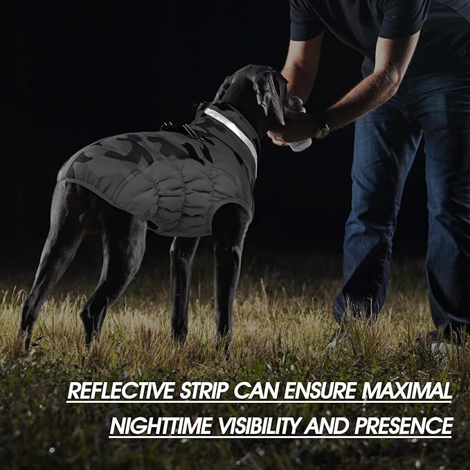 FUAMEY Dog Coat for Large Dogs,Waterproof Dog Winter Jacket with Harness Built in Puppy Cold Weather Coats Reflective Pet Vest with Zipper Warm Fleece Dogs Snowsuit Windproof Grey Camo XXXL