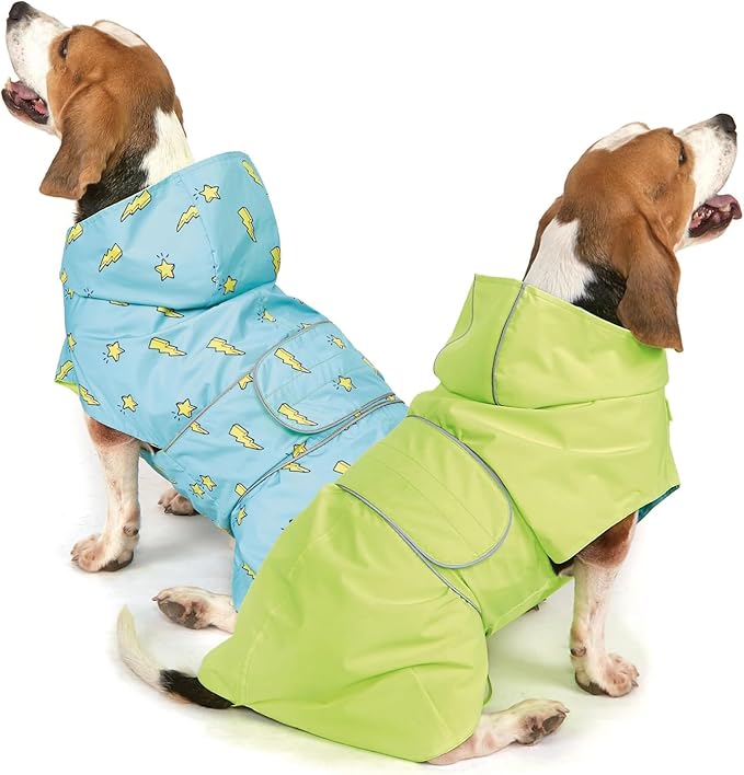 Dog Raincoat Reversible, Single Side Slicker Poncho Adjustable Waterproof Dog Rain Jacket with Leash Hole/Reflective Stripe Hooded Snowproof Windproof Clothes for Medium to 2X Large Dogs, M