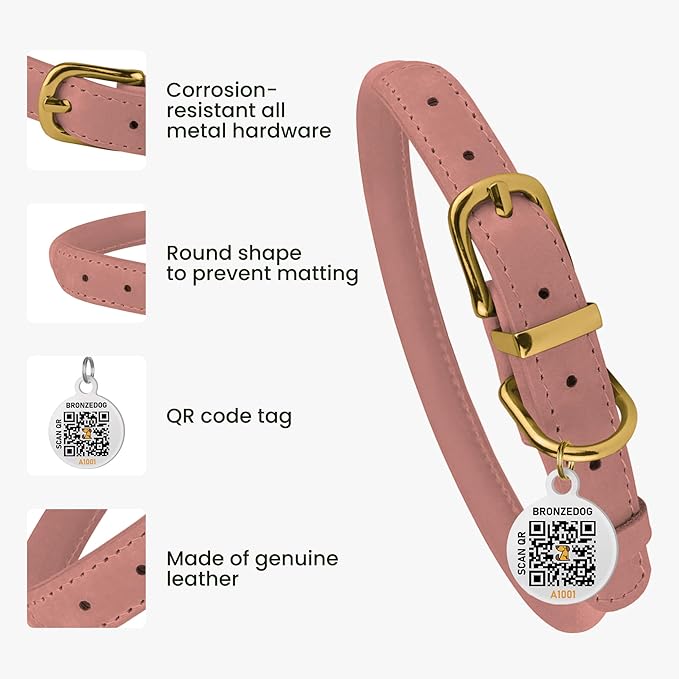 BronzeDog Rolled Leather Dog Collar with QR ID Tag, Adjustable Soft Round Collars for Small Medium Large Dogs Puppy (14" - 16" Neck Size, Blush)