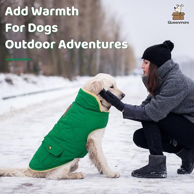 Queenmore Warm Dog Coat, Cold Weather Puffer Dog Coat Vest, Quilting Winter Pet Jacket Ultra Thick Plush Fleece Lining Pet Clothes for Dogs with Storage Pockets (Forest Green, Small)