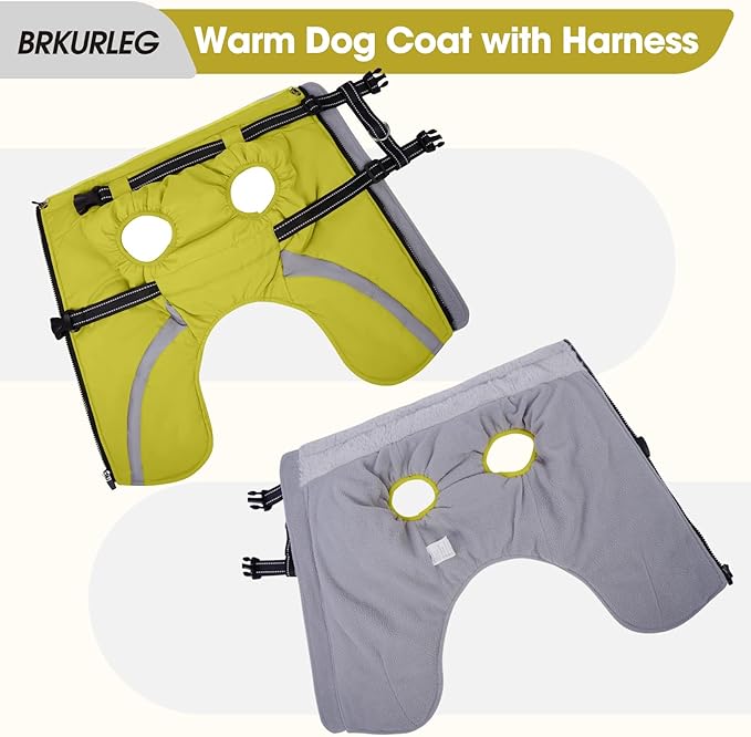 BRKURLEG Dog Winter Jackets for Medium Dogs, Dog Coat with Harness Built in, Dogs Snowsuits with Zipper, Waterproof Windproof Pet Puffer Jacket Fleece Vest for Pug, French Bulldog, Green M