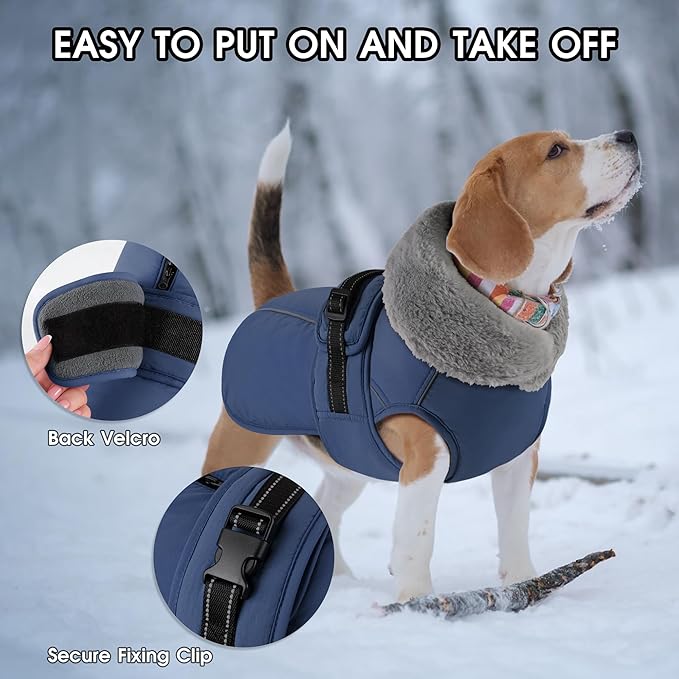 PETDSH Dog Coat Large, Windproof Dog Jacket with Warm Fleece Lining, Thickened Collar Dogs Winter Coat, Adjustable Reflective Pet Coats for Cold Weather (Navy Blue, X-Large)
