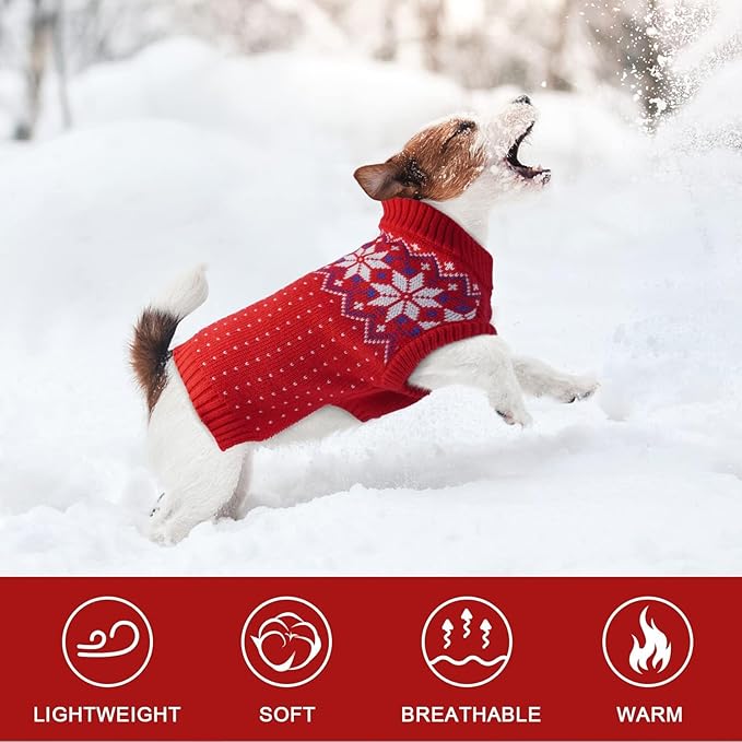 Kuoser Dog Sweater, Holiday Christmas Snowflake Pet Warm Knitwear Dog Sweaters Soft Puppy Clothing, Doggie Turtleneck Cold Weather Outfit Pullover for Small Medium Large Dogs Cats, Red XS