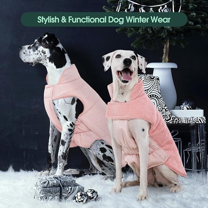 Kuoser Reversible Dog Coat – Warm Fleece & Quilted Waterproof Dog Jacket, Double-Sided Cold Weather Dogs Winter Coat with Harness Hole, Windproof Pet Snow Vest for Small Medium Large Dogs, Pink XL