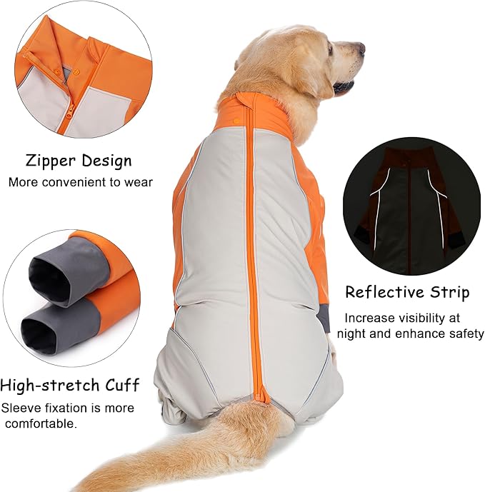 Dog Full Body Winter Coat, Waterproof Fleece Jacket for Small Medium Large Dogs Reflective Snowsuit with Zipper for Outdoor Skating (Orange, 2XL(Weight 23-33 lbs))
