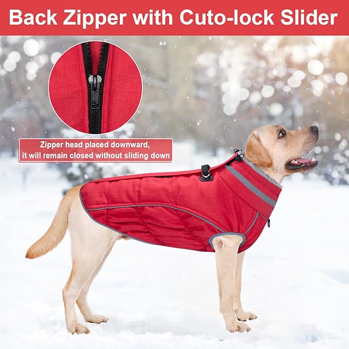 Malier Dog Coat, Reflective Dog Jacket Waterproof Windproof Puppy Cold Weather Coats with Harness Built in, Winter Extra Warm Pet Coat Fleece Vest for Small Large Pets and Puppy (Red, X-Large)