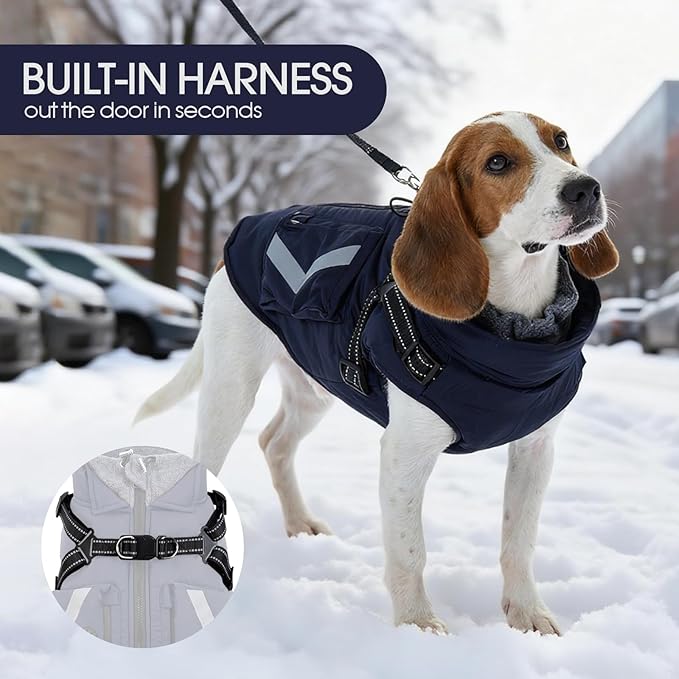 FUAMEY Small Winter Coat for Dogs with Harness, Thermal Dog Jackets Reflective Vest, Warm Clothes Puppy Cover for Cold Weather, Turtleneck Puppies Outfits Zip Up, Bichon Frise (Dark Blue, S)