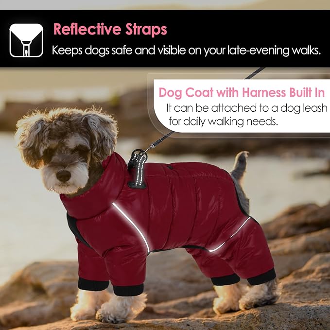 AOFITEE Dog Coat, Waterproof Dog Jacket for Winter, Warm Fullbody Dogs Snowsuit, Winter Coat for Small Dogs, Zip Up Pet Puffer Jacket Fleece Vest, Outdoor Reflective Pet Coats, Christmas Red, Medium