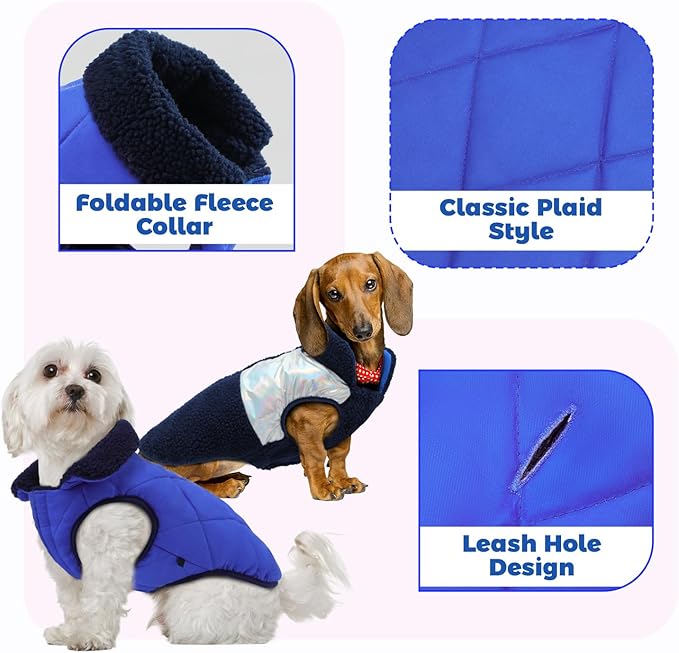 EMUST Warm Dog Jacket, Cozy Dog Fleece Coat with Leash Hole, Waterproof Reversible Winter Coats for Small Dogs, Royal Blue, XS